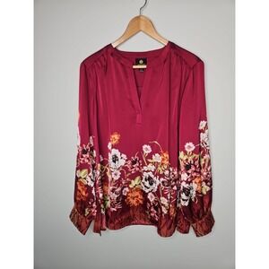 JM Collection Blouse Women L Red Floral Satin CottageCore Feminine Boho Tunic